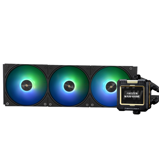 Thermalright Frozen Warframe 360 Black ARGB AIO liquid cooler with triple 120mm fans and IPS LCD pump