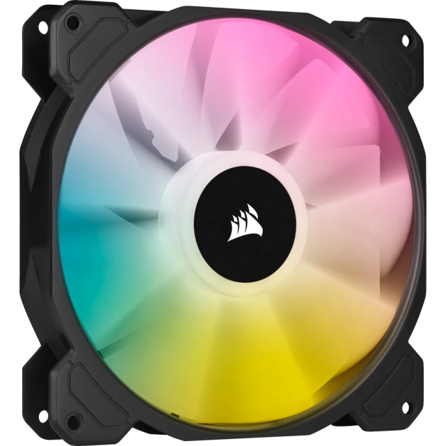 Corsair iCUE SP140 RGB ELITE 140mm PWM case fan in black with addressable RGB LEDs