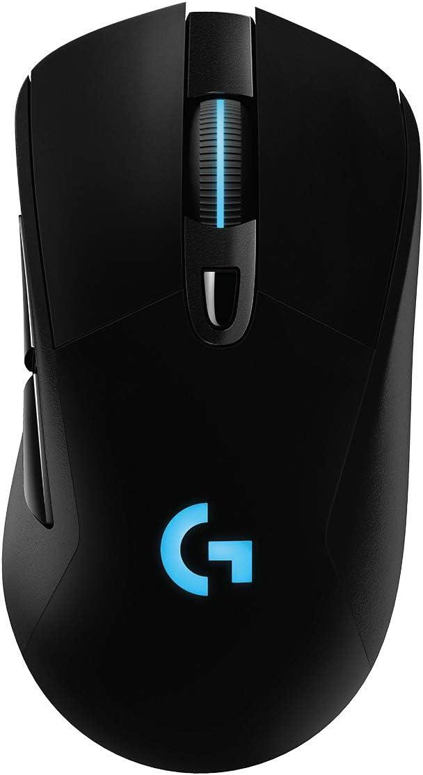 Logitech G703 Lightspeed wireless ergonomic gaming mouse in black with RGB lighting