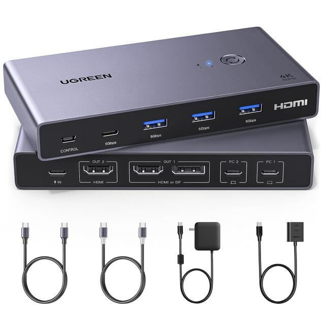 UGREEN USB-C KVM Switch for 2 laptops and 2 monitors with PD 100W power delivery, 4K@60Hz, aluminum housing