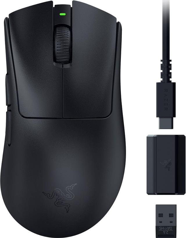 Razer DeathAdder V3 HyperSpeed wireless gaming mouse in black, top-down view
