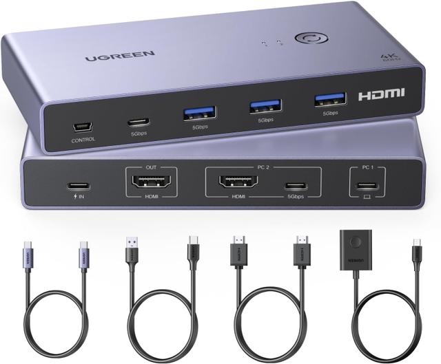 UGREEN USB-C + HDMI KVM Switch for 1 monitor shared between 2 computers (1 laptop, 1 desktop), 4K@60Hz, aluminum