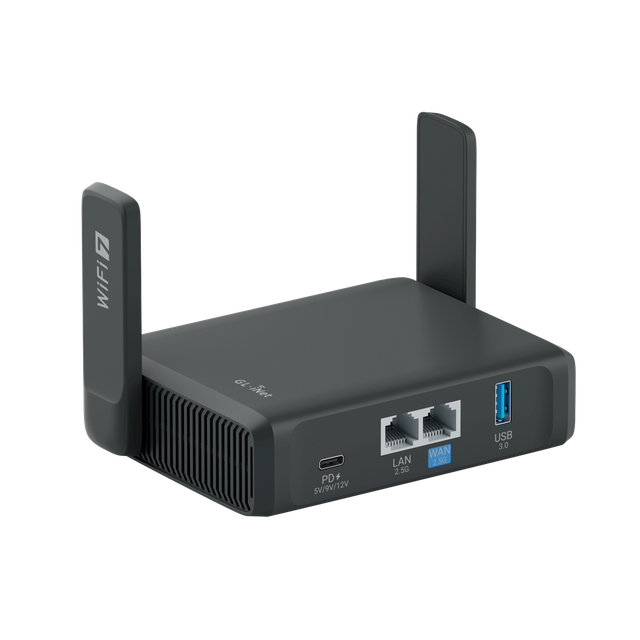 GL.iNet GL-BE3600 Slate 7 WiFi 7 travel router with touchscreen