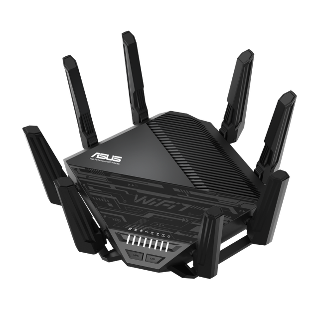 ASUS RT-BE96U tri-band WiFi 7 BE19000 router with eight antennas in black