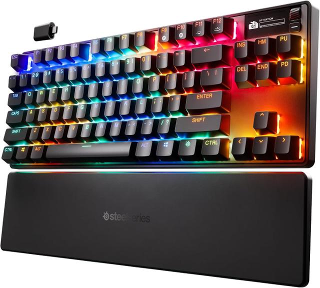 SteelSeries Apex Pro TKL Gen 3 gaming keyboard in black with OLED display and wrist rest