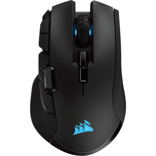 Corsair Ironclaw RGB Wireless ergonomic gaming mouse in black with blue RGB lighting