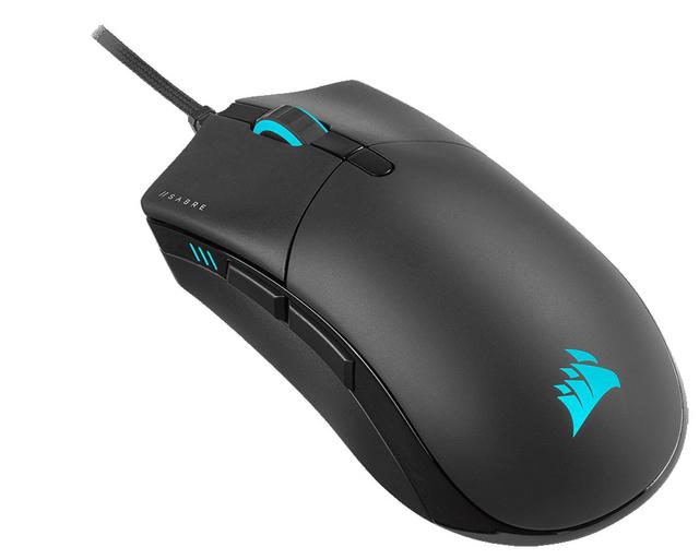 Corsair Sabre RGB Pro wired gaming mouse in black with cyan accents
