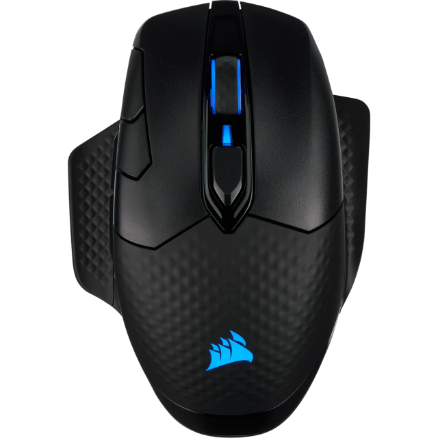 Corsair Dark Core RGB Pro wireless gaming mouse in black with blue RGB lighting