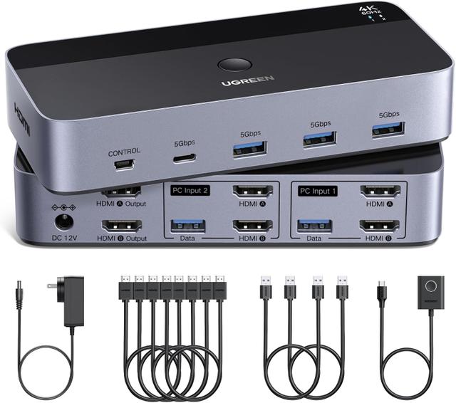 UGREEN HDMI KVM Switch for 2 computers sharing 2 monitors at 4K@60Hz with USB 3.0 hub and desktop controller