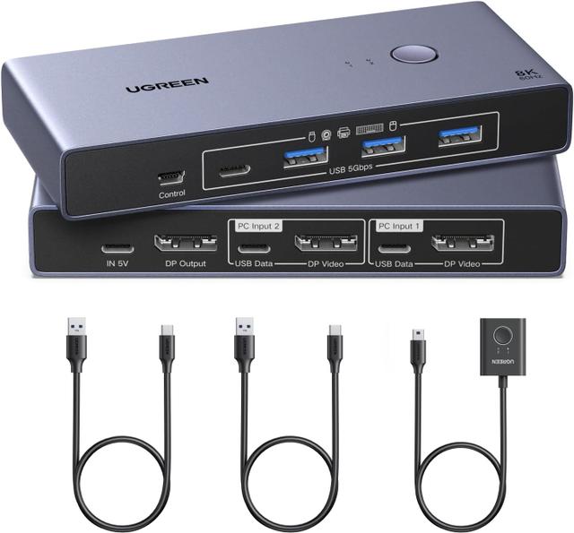 UGREEN USB-C DisplayPort KVM Switch, 1 monitor shared between 2 computers, 8K@60Hz, aluminum housing