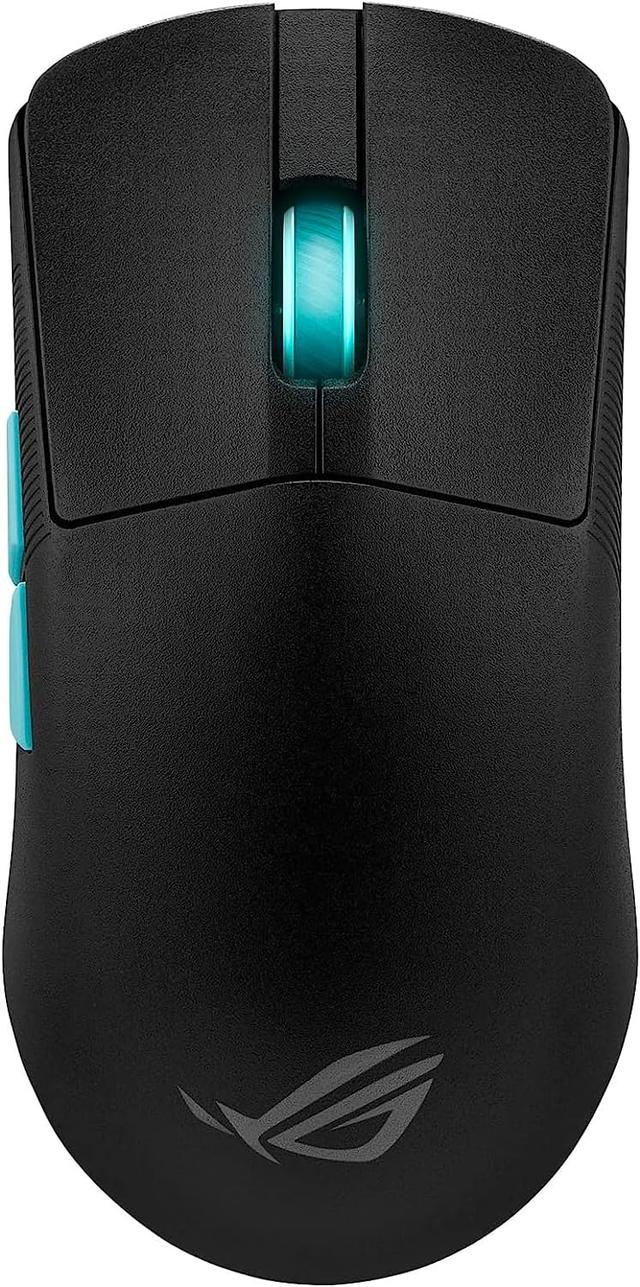 ASUS ROG Harpe Ace Aim Lab Edition gaming mouse in black with cyan accents, top-down view