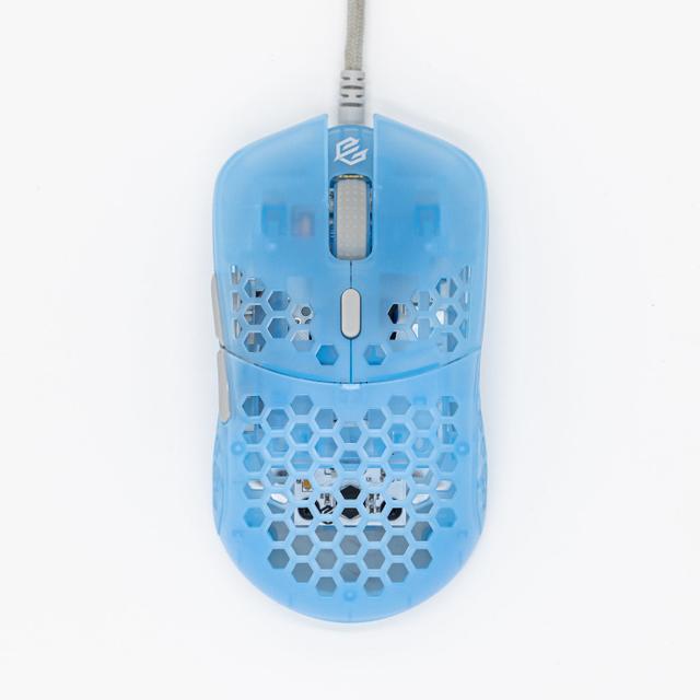 G-Wolves HTS low-profile honeycomb wired gaming mouse in translucent blue